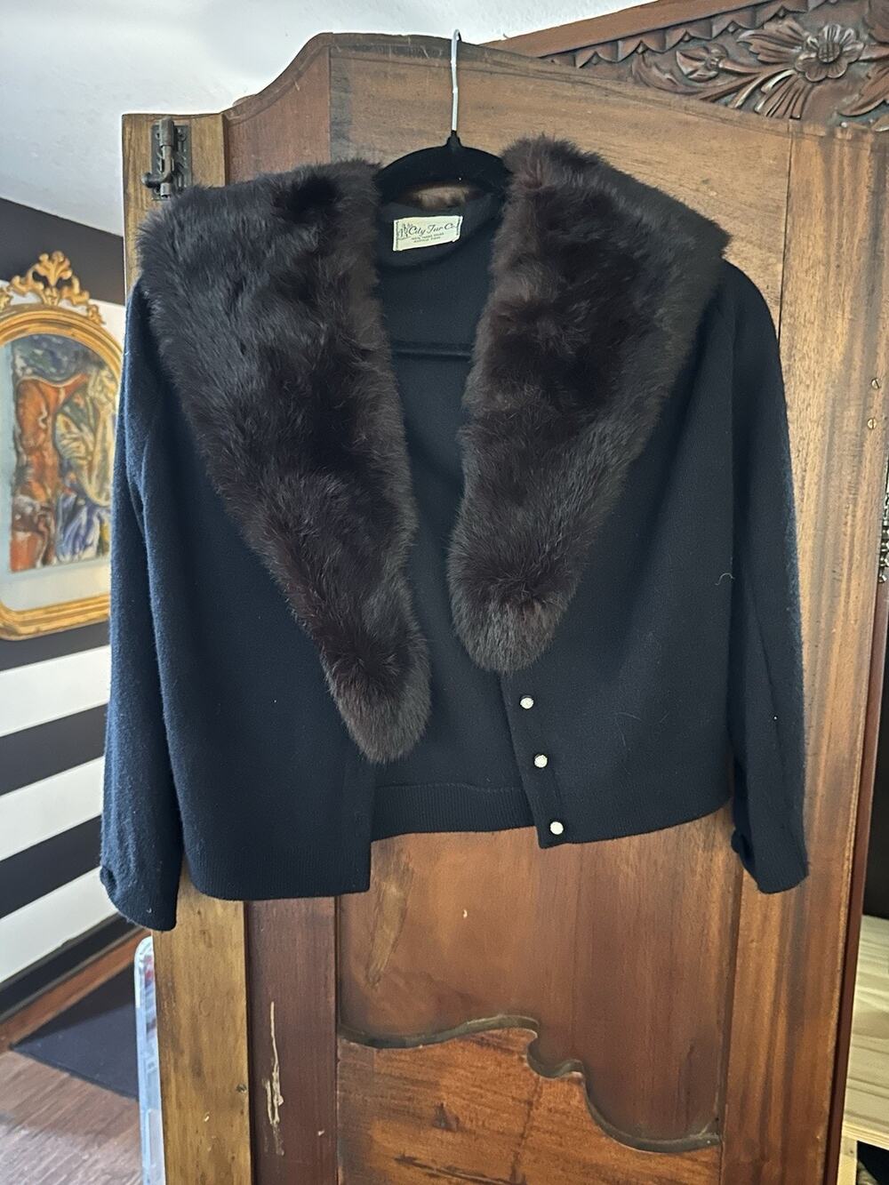 Vintage Luxe Mink Collar Orlon Sweater 1950s Small Med Pearl Buttons Victorian